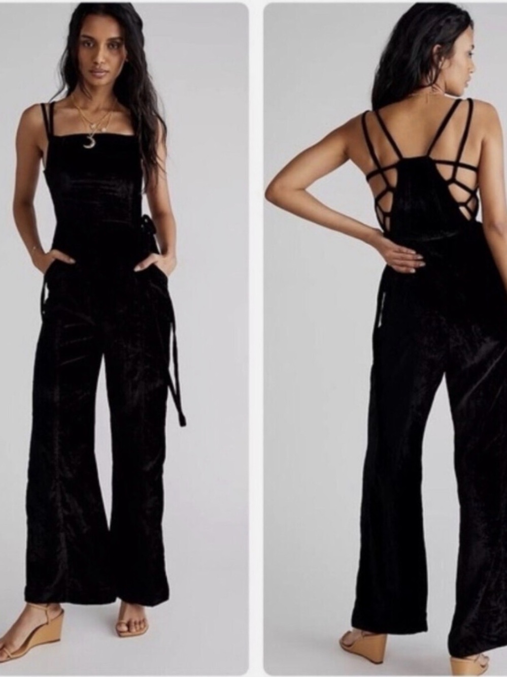 Free People 90s Forever Black Velvet Strappy Back Jumpsuit